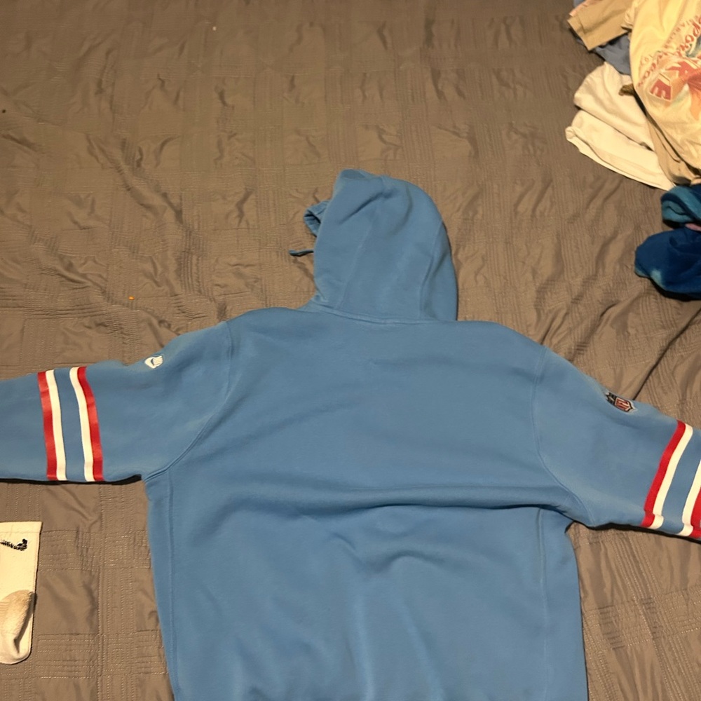 Blue Hoodie with Striped Sleeves